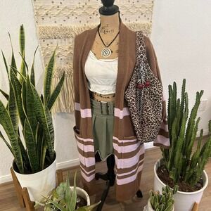 Chocolate Brown and pink striped long kimono open front cardigan with pockets